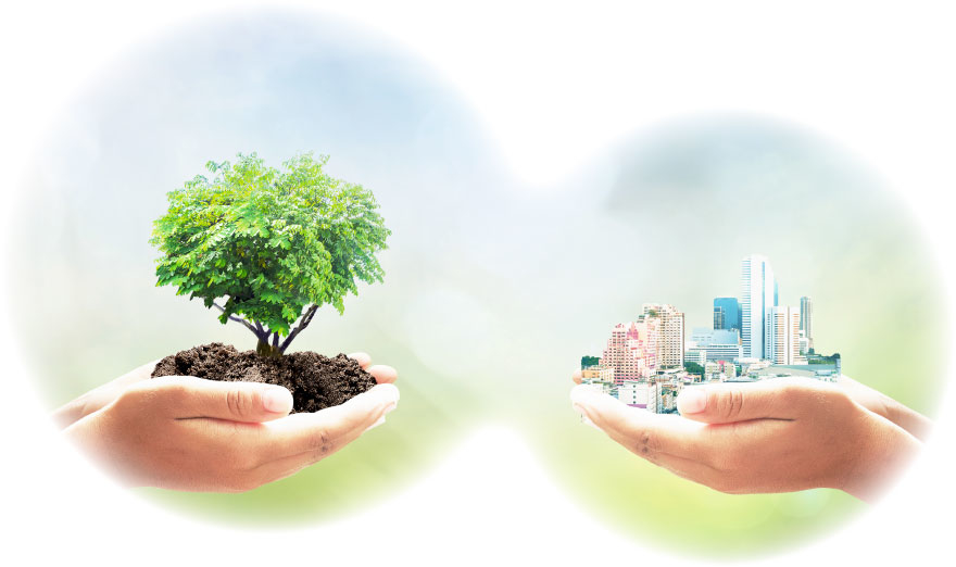 “SDGsイメージ画像-人の手によって植樹と街が支えられている”